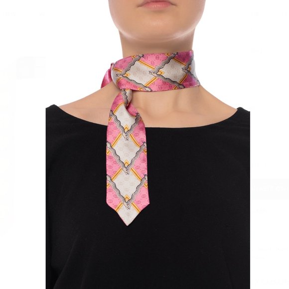 NEW Gucci Snake and Rhombus Print Neck Bow Twilly Scarf in Pink - Picture 7 of 9